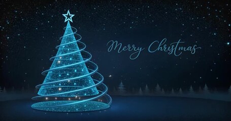 3D blue glitter sparkling Magic lights. sparkle on black background with Merry Cristmas greeting and christmas tree - Powered by Adobe