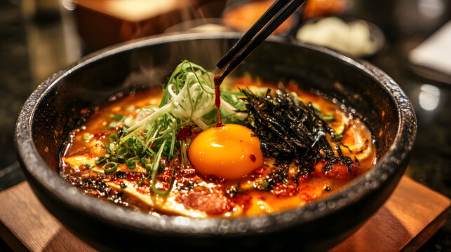 A black stone bowl of steaming spicy miso ramen