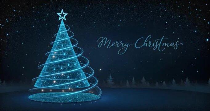3D blue glitter sparkling Magic lights. sparkle on black background with Merry Cristmas greeting and christmas tree