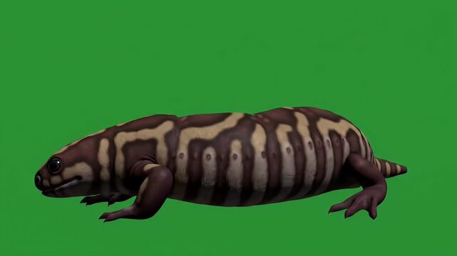 Side View of a Caesar's Worm Salamander With Dark Brown and Beige Stripes on a Green Screen Background