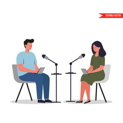 Podcast Interview: Engaging Conversation with Male and Female Hosts Flat vector illustration