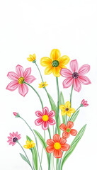 Obraz premium beautiful spring flowers on paper background, crayon drawing. White tone