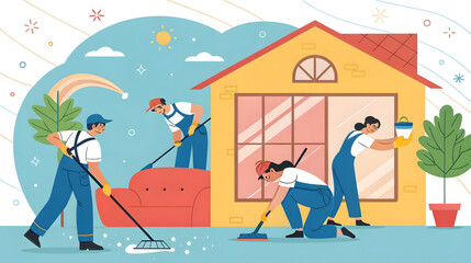 Fototapeta premium Professional cleaning crew working together to clean a house and its surroundings