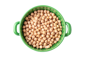 a green bowl filled with chickpeas on top of a white table