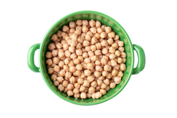 a green bowl filled with chickpeas on top of a white table