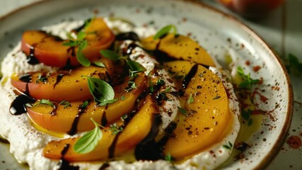 Fresh peaches with whipped cream on a white plate, perfect for dessert or snack
