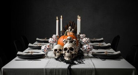 Spooky Halloween Dinner Party Table Setting with Skulls and Pumpkins