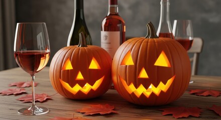 Carved Pumpkins and Wine for Halloween Celebration