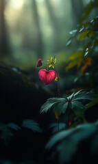 Red-pink heart-shaped Dicentra spectabilis flower on green natural background