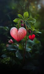 Red-pink heart-shaped Dicentra spectabilis flower on green natural background