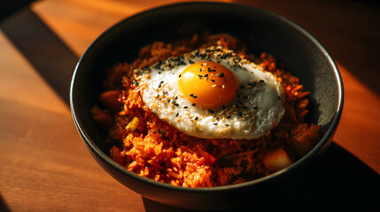 A bowl of spicy kimchi fried rice with an egg on top