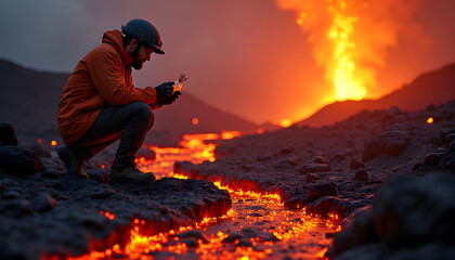 A volcanologist studies lava flow near an erupting volcano during a fiery sunset.