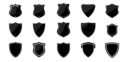 Collection of sixteen black shield icons, varying in shape and detail, set against a white background