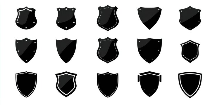 Collection of sixteen black shield icons, varying in shape and detail, set against a white background