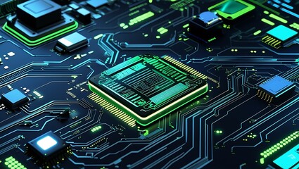 Futuristic neon circuit board illustrating advanced technological concepts and data processing