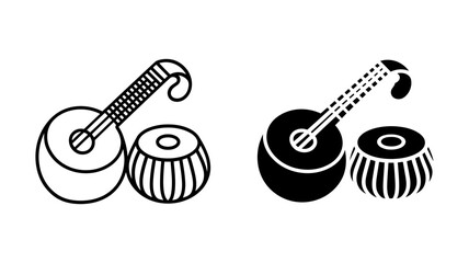 Vector art of a Indian Classical Music Instruments: Ektara and Tabla, Line Art Icons, Black and White, Cultural, Traditional