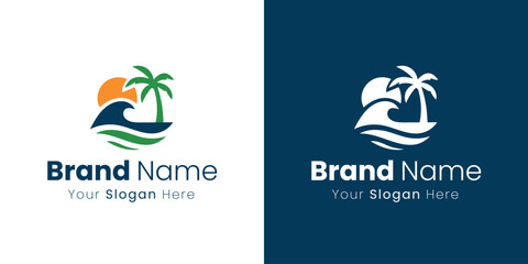 Fototapeta premium Tropical Beach Paradise Sunset Palm Tree Wave Ocean Island Holiday Vacation Adventure Logo
