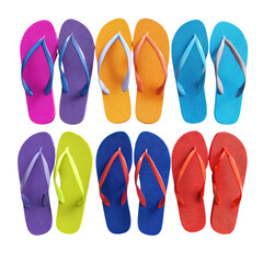 Fototapeta premium Colorful flip-flops arranged in a grid pattern. Pairs of brightly colored, rubber thong sandals. Top view