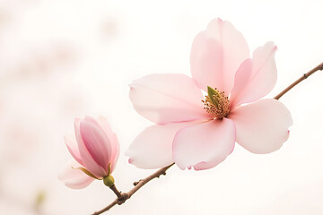 Fototapeta premium A pink flower is on a branch. The flower is very pretty and has a nice color. The branch is thin and the flower is on the end of it
