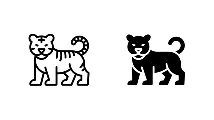 Naklejka premium Vector art of a Tiger and Panther Icon Set: Line Art and Solid Black, Bold, Minimalist Style, Wildlife Graphics.