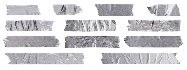 Silver Glistering Torn Adhesive Tape Set Isolated on White and Png Transparent Background