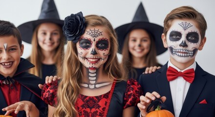 Kids Enjoying Halloween With Scary Face Paint and Costumes