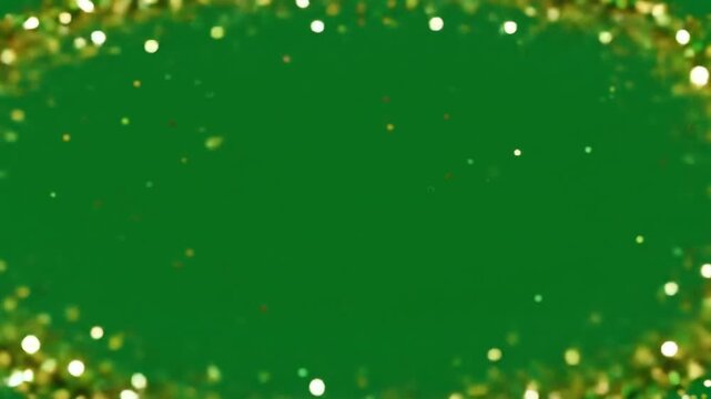 A green backdrop features an oval border of glittery particles, with some scattered around. The center is empty green space