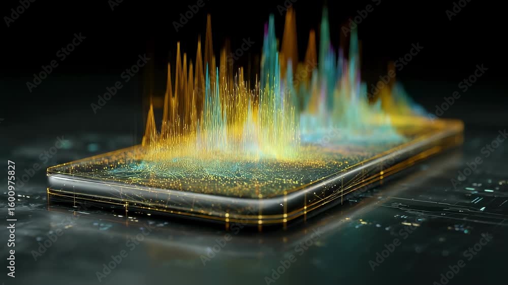 Poster complex data streams and colorful graphs are emerging from a futuristic smartphone, showcasing innov