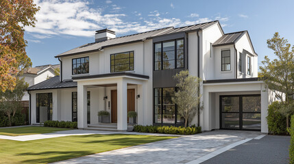 Modern Farmhouse Exterior with Green Lawn and Blue Sky
