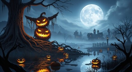 Spooky Halloween Night Scene with Jack O Lanterns and a Full Moon