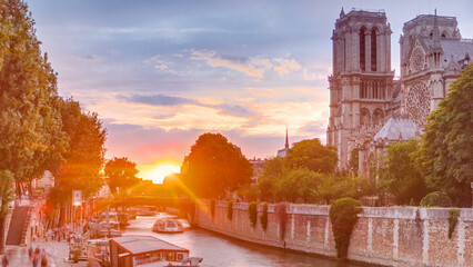 Sunset view of Cathedral Notre Dame de Paris timelapse in Paris, France.