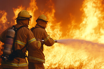 Naklejka premium Firefighters combat a raging blaze, wearing protective gear and helmets. One aims a hose at the flames, battling the fire in a heroic display of courage.