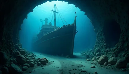 Rolgordijnen Explore a mysterious shipwreck resting beneath the ocean's surface, framed by a cavern. © Yasin