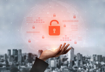Digital security concept illustrating a cybersecurity breach, with a red unlocked padlock...