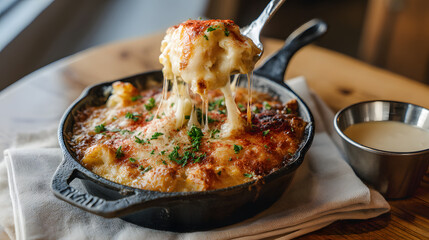 A bubbling cast iron mini skillet of mac and cheese
