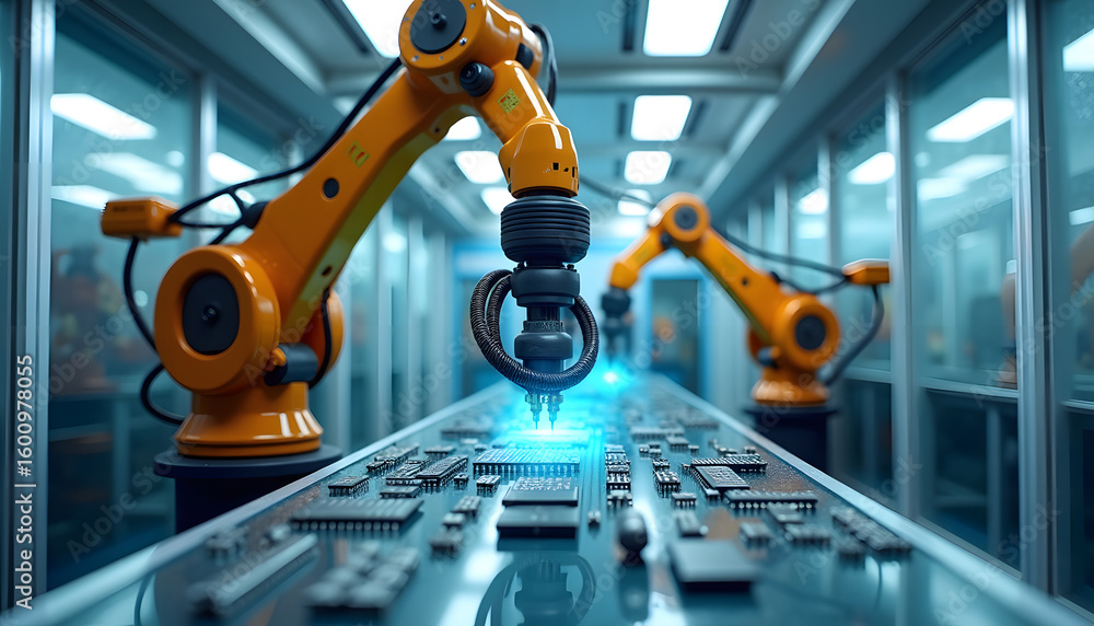 Poster robotic arms in action, assembling electronics on a circuit board with precision in a factory.