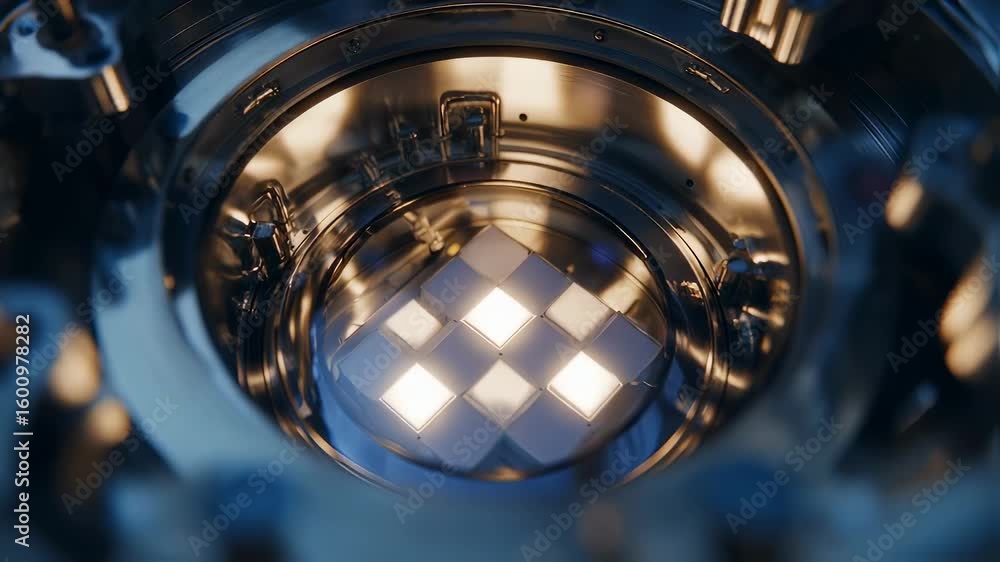 Poster four cpus emitting warm light are housed within a circular structure, suggesting advanced computing 