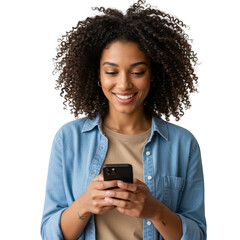 Smiling woman using phone isolated on transparent background