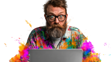 Surprised Man with Laptop and Colorful Paint Splatter