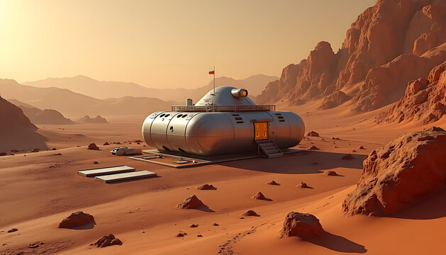 A modern space habitat on the surface of mars in a science fiction scene.