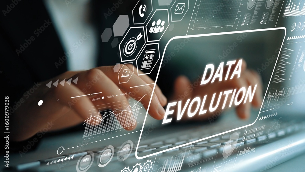 Poster digital transformation concept featuring hands on a keyboard with data evolution graphics and charts