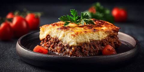 Moussaka greek food on dark background
