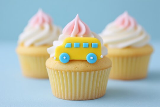 Back-to-School Cupcakes with Marzipan School Buses on Pastel Blue Background