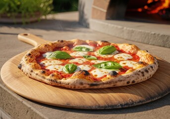 Freshly baked margherita pizza on a wooden peel in front of a hot wood-fired oven outdoors