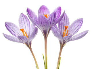 Fototapeta premium Three light purple crocus flowers with orange pistils isolated against a black background in a close up shot
