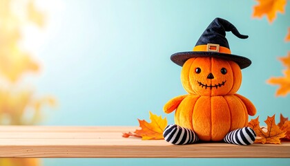 Adorable Plush Pumpkin Witch Doll on Wooden Shelf with Autumn Leaves, Cocktails & Rainbow Cookies – Cozy Halloween Decor in Warm Natural Light