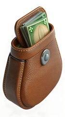 3d brown leather purse with money isolated