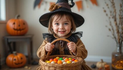 Fototapeta premium Little girl in witch costume smiling with a pumpkin, celebrating autumn Halloween