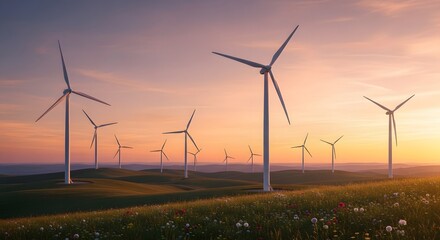 Renewable Energy Landscape with White Wind Turbines and Vibrant Sunset Sky