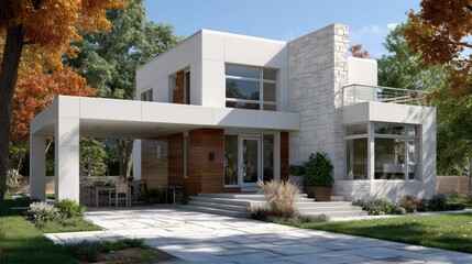 Fototapeta premium Elegant two-story villa features modern design elements, showcasing three cars in a well-lit, tranquil setting, emphasizing symmetry